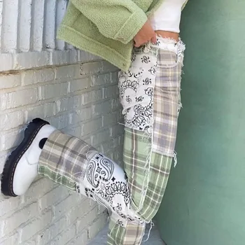 Boho Floarl Tiskanja Rag Mozaik Ženske Hlače Zelene Predalčni Pantalones Mujer Elegantes Largos Ulične Harajuku Hlače Ravne