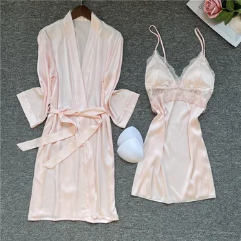 Ženske 2PCS Sleepwear Kimono kopalni plašč Obleke Pomlad Poletje Haljo Obleko Z Modrc Očesa Votlih Iz Suspender More Seksi Spanja Set
