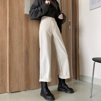 Denim Naravnost hlače Spomladi Jeseni Leta 2020 Novo Visoko pas širok noge naravnost Svoboden Priložnostne Bela Barva Ženske Jeans 619J