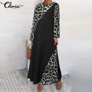 Ženske Maxi Obleko Celmia Ženske Bohemian Leopard Tiskanja Obleke Moda Mozaik Dolg Rokav Priložnostne Svoboden Vestidos tam kaftan Haljo 5XL