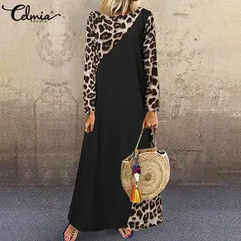 Ženske Maxi Obleko Celmia Ženske Bohemian Leopard Tiskanja Obleke Moda Mozaik Dolg Rokav Priložnostne Svoboden Vestidos tam kaftan Haljo 5XL