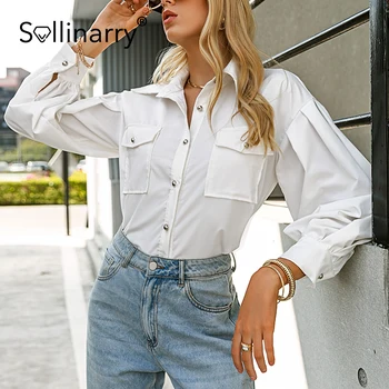 Sollinarry Luč rokav oversize belo bluzo ženske Urad znižuj ovratnik lady priložnostne srajco Pomlad high street poaket majica