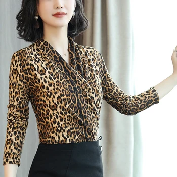 Leopard Natisniti Zaviti Ženske Vrhovi Bluze 2019 pomlad Globoko V Vratu Bluzo Ženske Dolg Rokav Priložnostne Puloverji Bluze Plus Velikost 126F