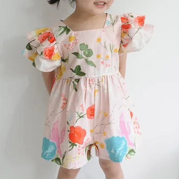 Korejski otroška Oblačila Dekle Otroka Velik Cvet Kvadratnih Ovratnik Natisnjeni Princesa Rokavi Jumpsuit 2020 Poletje Baby Dekle Bodysuits