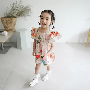 Korejski otroška Oblačila Dekle Otroka Velik Cvet Kvadratnih Ovratnik Natisnjeni Princesa Rokavi Jumpsuit 2020 Poletje Baby Dekle Bodysuits