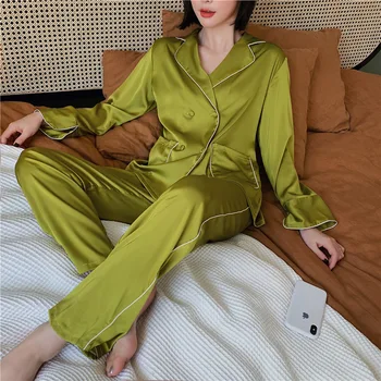 Luksuzni Trdna Pižamo za Ženske Sleepwear Pomlad Jesen Ledu Svile Dolgimi Rokavi, Hlače Obleko Modne Mehko Pižame Nastavite Pijama Mujer