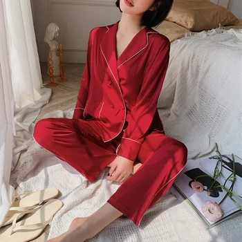 Luksuzni Trdna Pižamo za Ženske Sleepwear Pomlad Jesen Ledu Svile Dolgimi Rokavi, Hlače Obleko Modne Mehko Pižame Nastavite Pijama Mujer