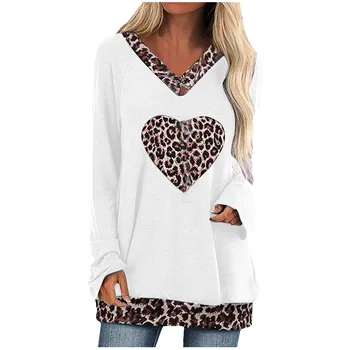 Ženska Moda in ženske Priložnostne Leopard Ljubezen, Tiskanje Proti-Vrat Dolg Rokav Svoboden T Shirt Vrhovi za ženske poletje женские футболки футболка