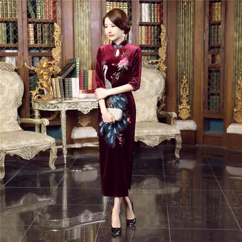 Žamet Cheongsam Pol Rokav Obleka Ženska Tradicionalni Kitajski Stranka Obleko Obleke Večer Predalčni Dolgo Qipao