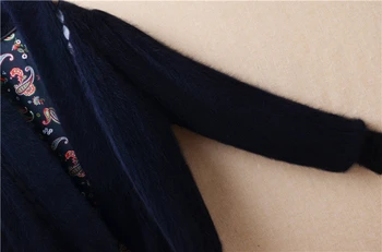 Vrhunska letnik vezenje angora zajec krzno, ročno pletene globoko Proti-vrat črne dolge rokave brezrokavniki suknjič zimska oblačila P68