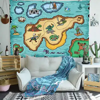 Simsant Otok Zemljevid Tapiserija, Risanka Treasure Island Piratske Ladje Steni Visi Tapiserije za dnevno Sobo, Spalnica Študentski Dom Dekor