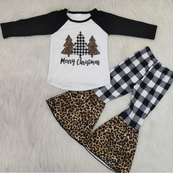 Baby dekle pozimi obleko brezplačna dostava black raglan rokav vrh tekmo kariran leopard bell dnu sopihanje obleko malčka dekle obleko set