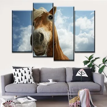 Platno Modularni Slike Wall Art Domu Dekorativni Okvir Za Dnevni Sobi, 4 Kosi Živali Konjsko Glavo Plakat HD Barvanje, Tiskanje